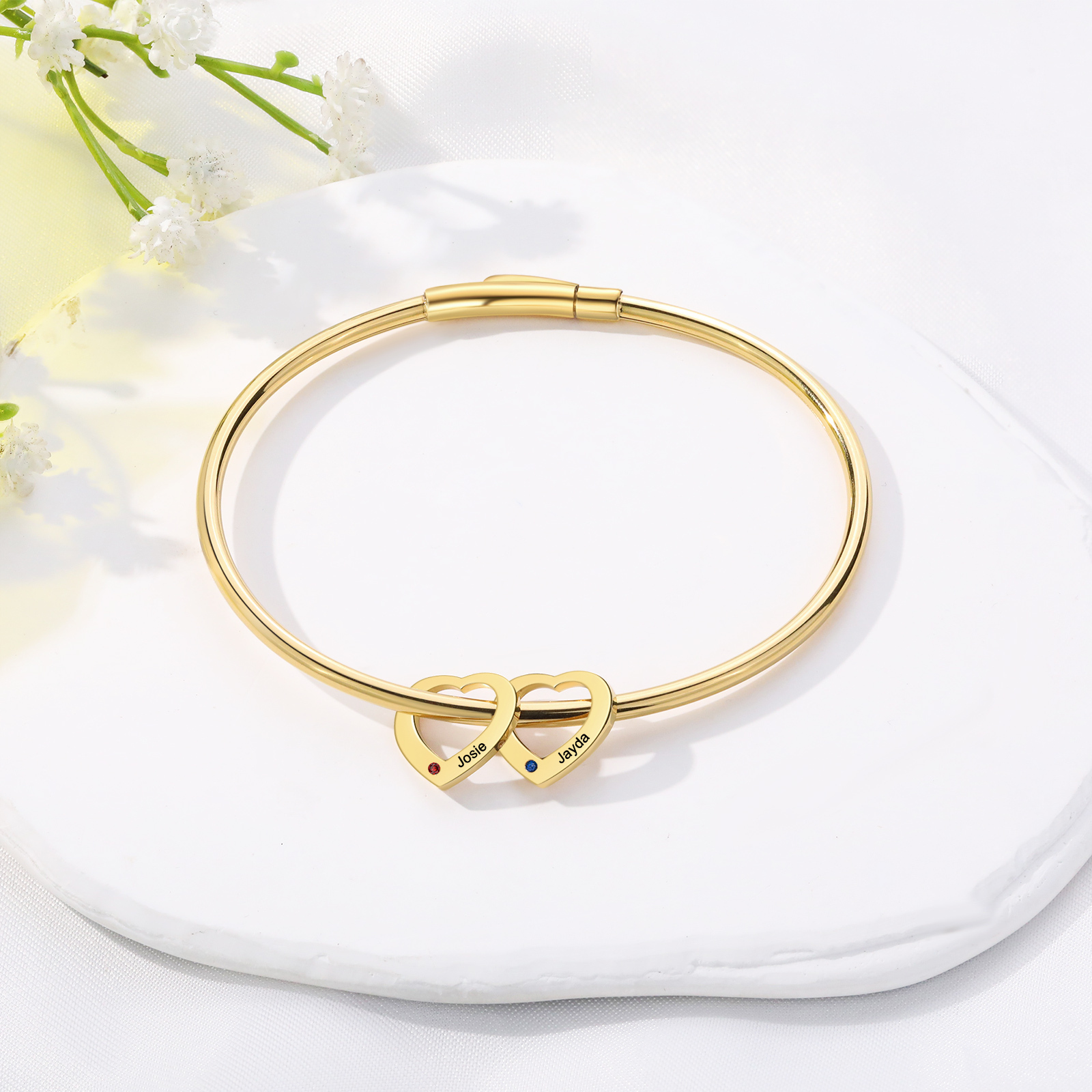 Pulsera con colgantes de corazón personalizados con 2 nombres y 2 piedras de nacimiento | Jessemade