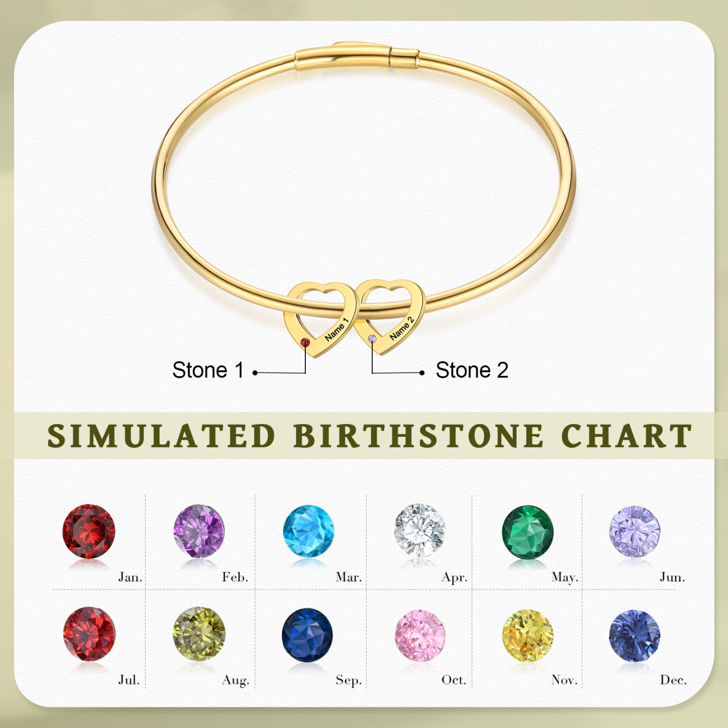 Pulsera con colgantes de corazón personalizados con 2 nombres y 2 piedras de nacimiento | Jessemade