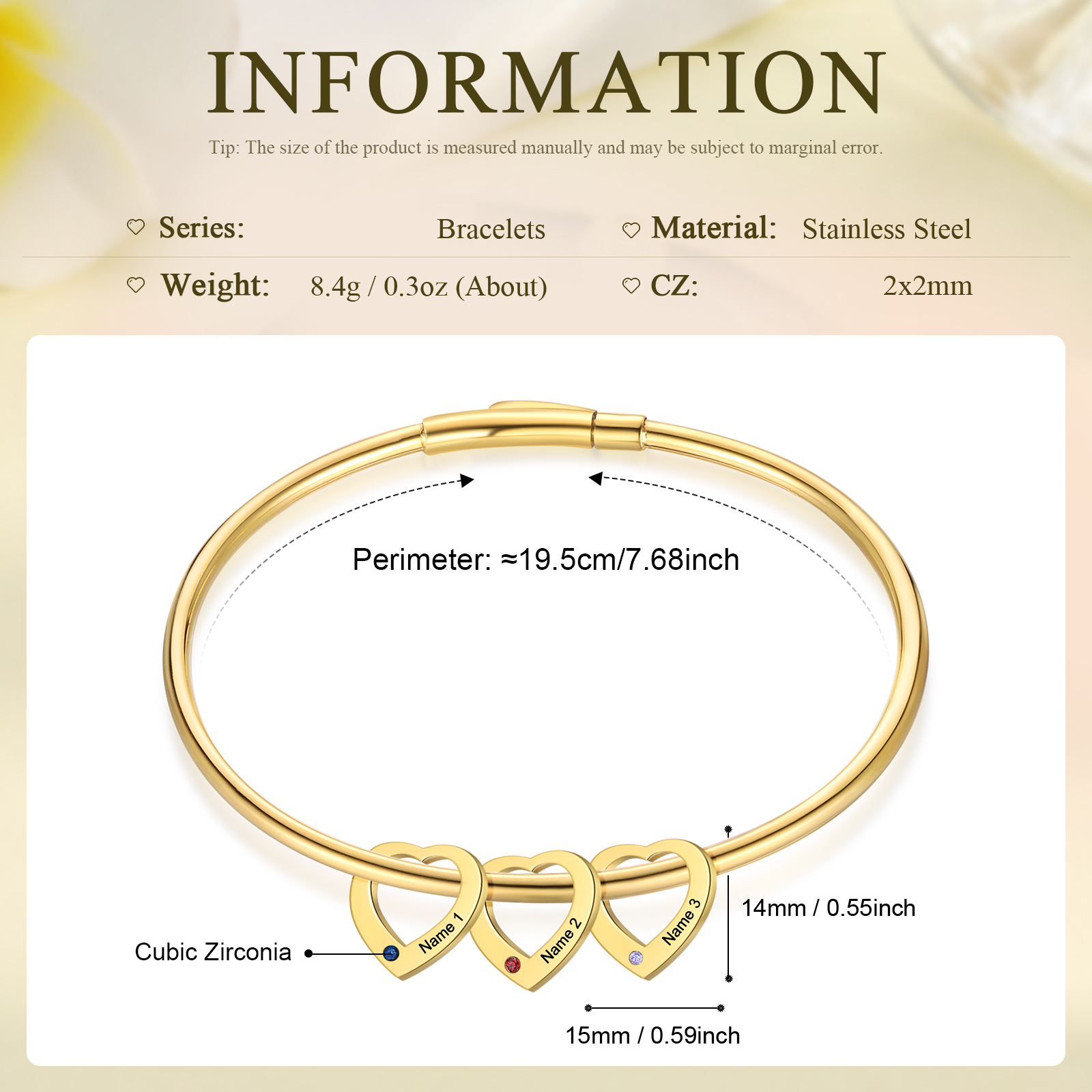 Pulsera con colgantes de corazón personalizados con 3 nombres y 3 piedras de nacimiento | Jessemade