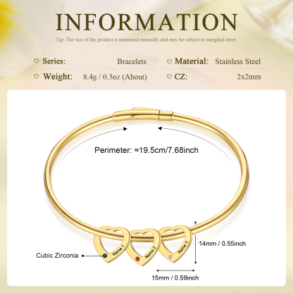 Pulsera con colgantes de corazón personalizados con 3 nombres y 3 piedras de nacimiento | Jessemade