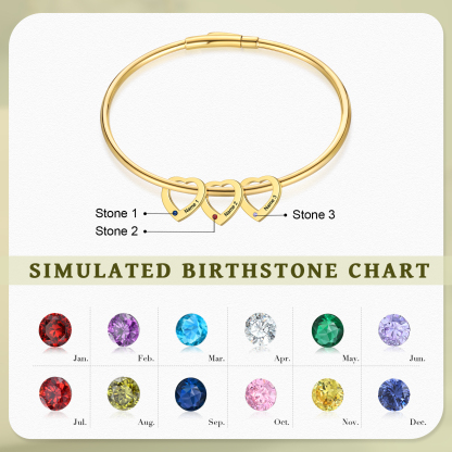 Pulsera con colgantes de corazón personalizados con 3 nombres y 3 piedras de nacimiento | Jessemade