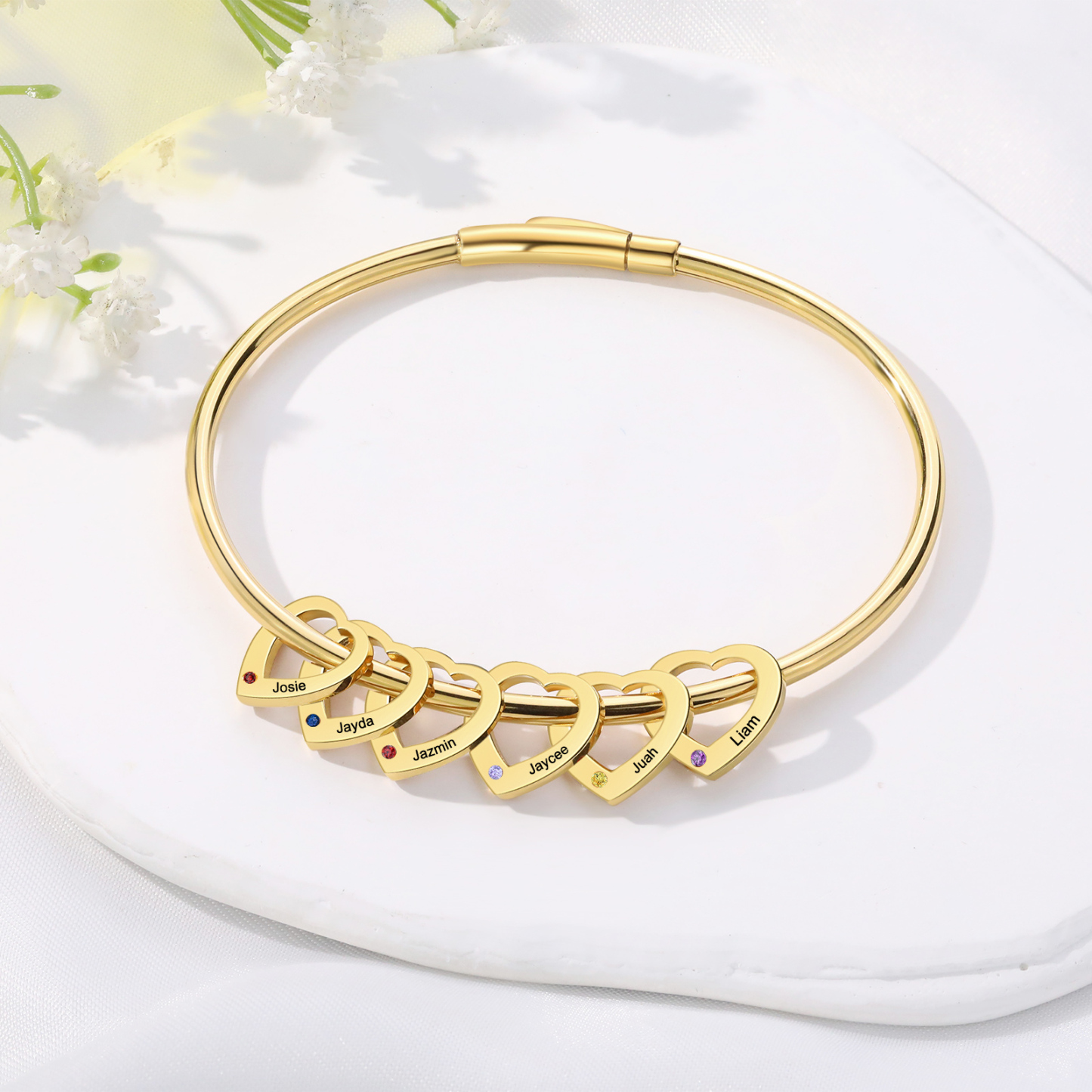 Pulsera con colgantes de corazón personalizados con 6 nombres y 6 piedras de nacimiento | Jessemade
