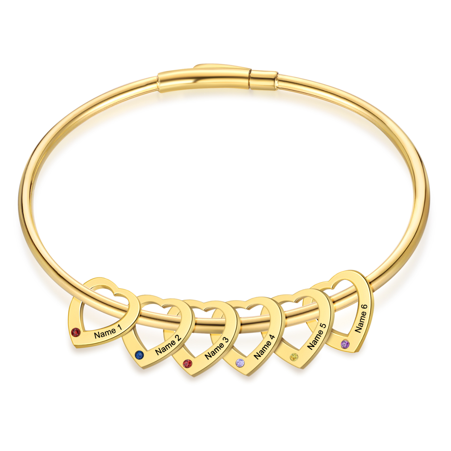Pulsera con colgantes de corazón personalizados con 6 nombres y 6 piedras de nacimiento | Jessemade