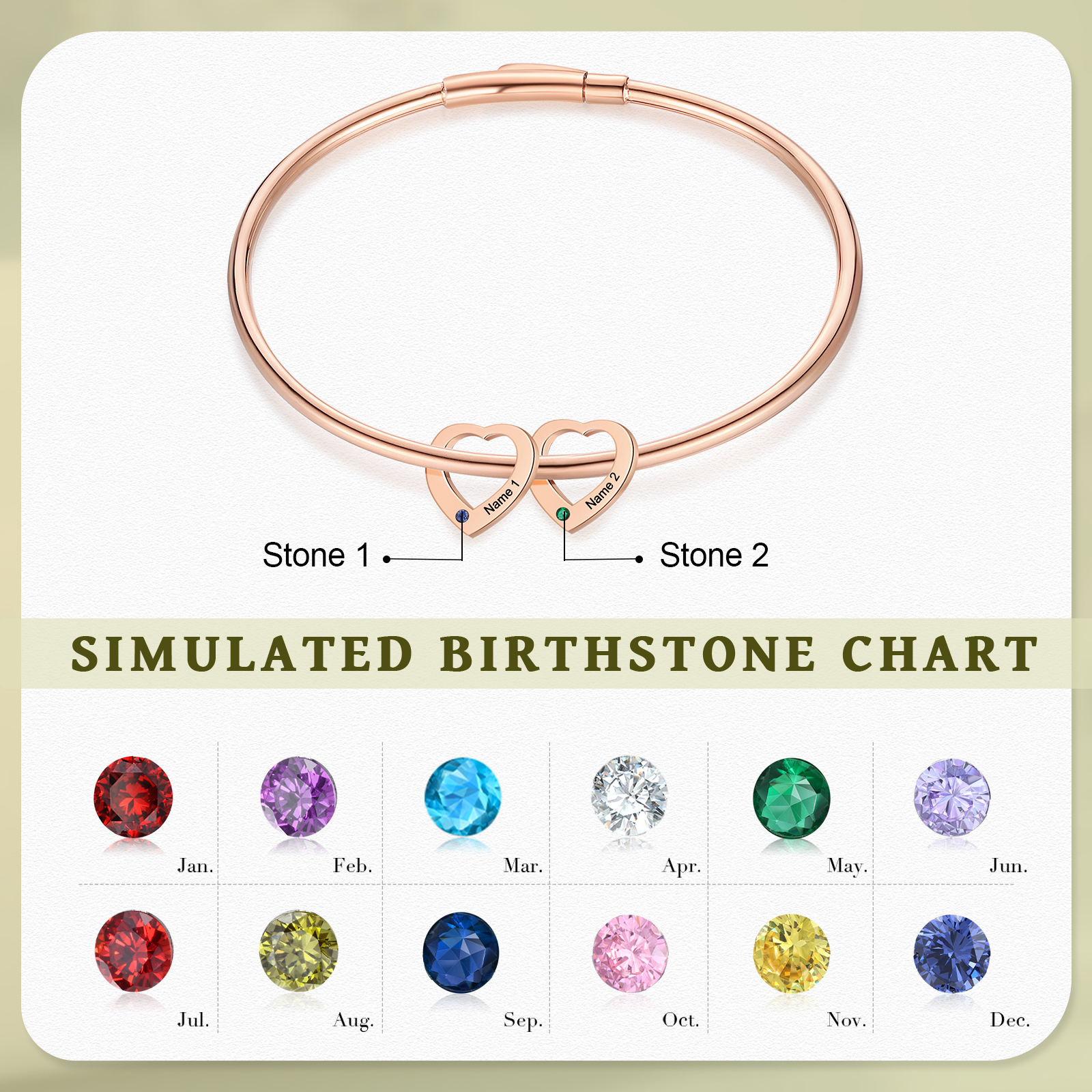 Pulsera con colgantes de corazón personalizados con 2 nombres y 2 piedras de nacimiento | Jessemade