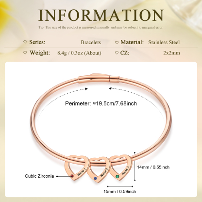 Pulsera con colgantes de corazón personalizados con 3 nombres y 3 piedras de nacimiento | Jessemade
