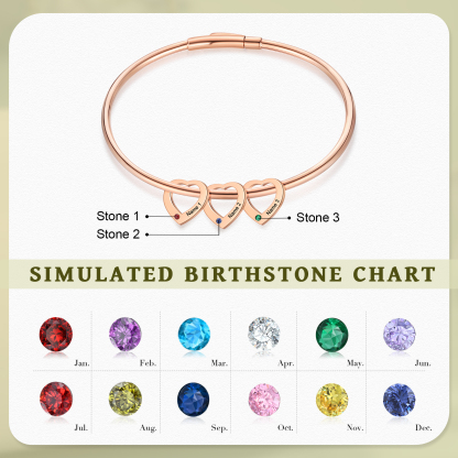 Pulsera con colgantes de corazón personalizados con 3 nombres y 3 piedras de nacimiento | Jessemade