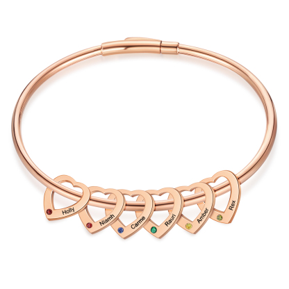 Pulsera con colgantes de corazón personalizados con 6 nombres y 6 piedras de nacimiento | Jessemade