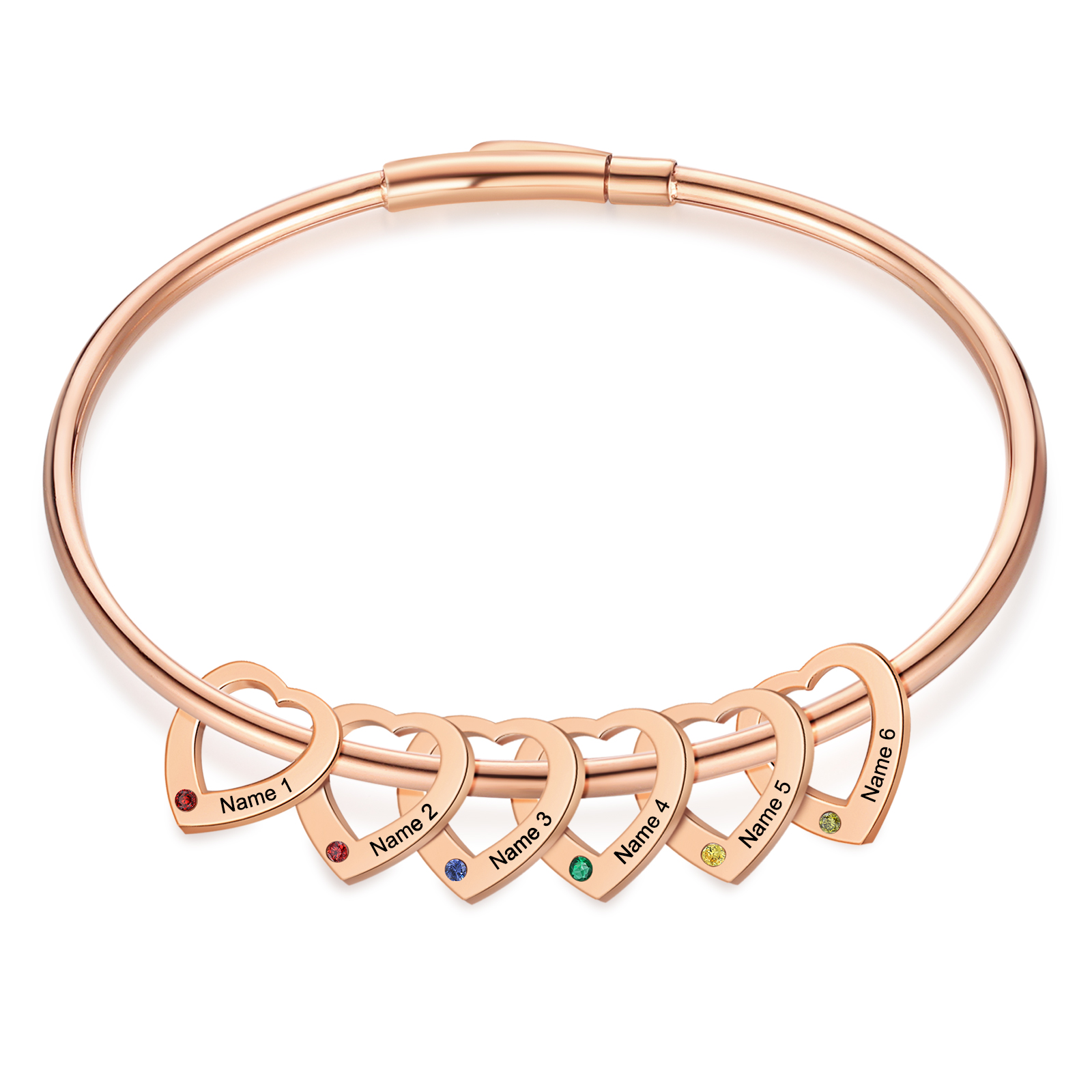 Pulsera con colgantes de corazón personalizados con 6 nombres y 6 piedras de nacimiento | Jessemade