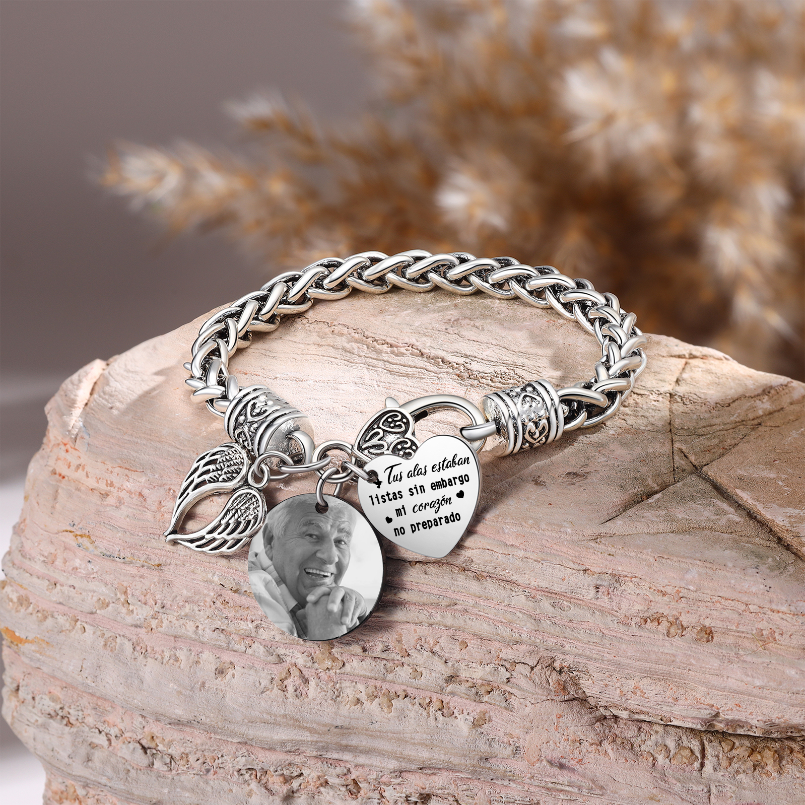 Pulsera Conmemorativa Corazón y Alas con Foto Pulsera Personalizada | 