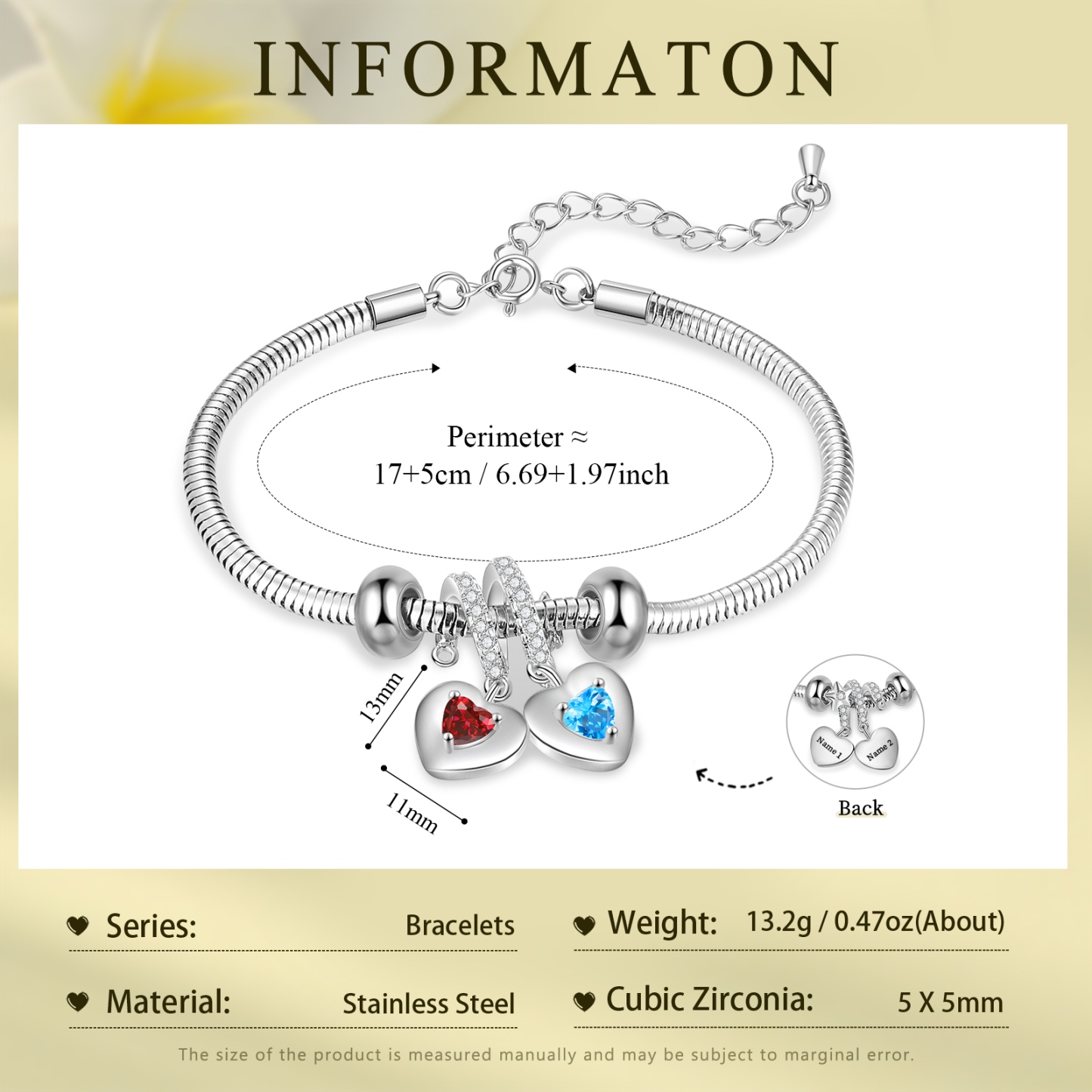 Pulsera ajustable con colgantes de corazón personalizados con 2 nombres y 2 piedras de nacimiento | Jessemade