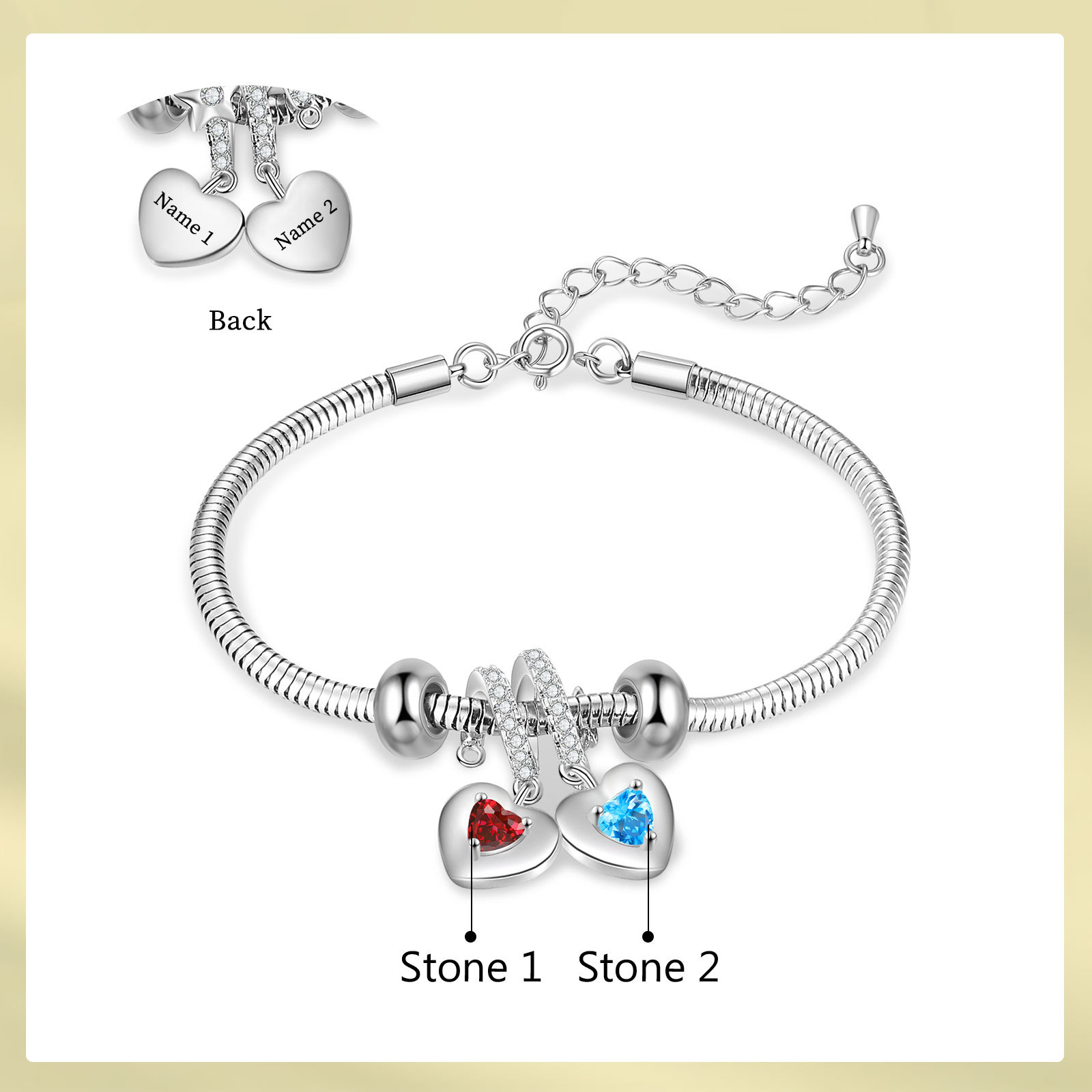 Pulsera ajustable con colgantes de corazón personalizados con 2 nombres y 2 piedras de nacimiento | Jessemade
