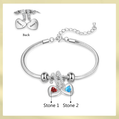 Pulsera ajustable con colgantes de corazón personalizados con 2 nombres y 2 piedras de nacimiento | Jessemade