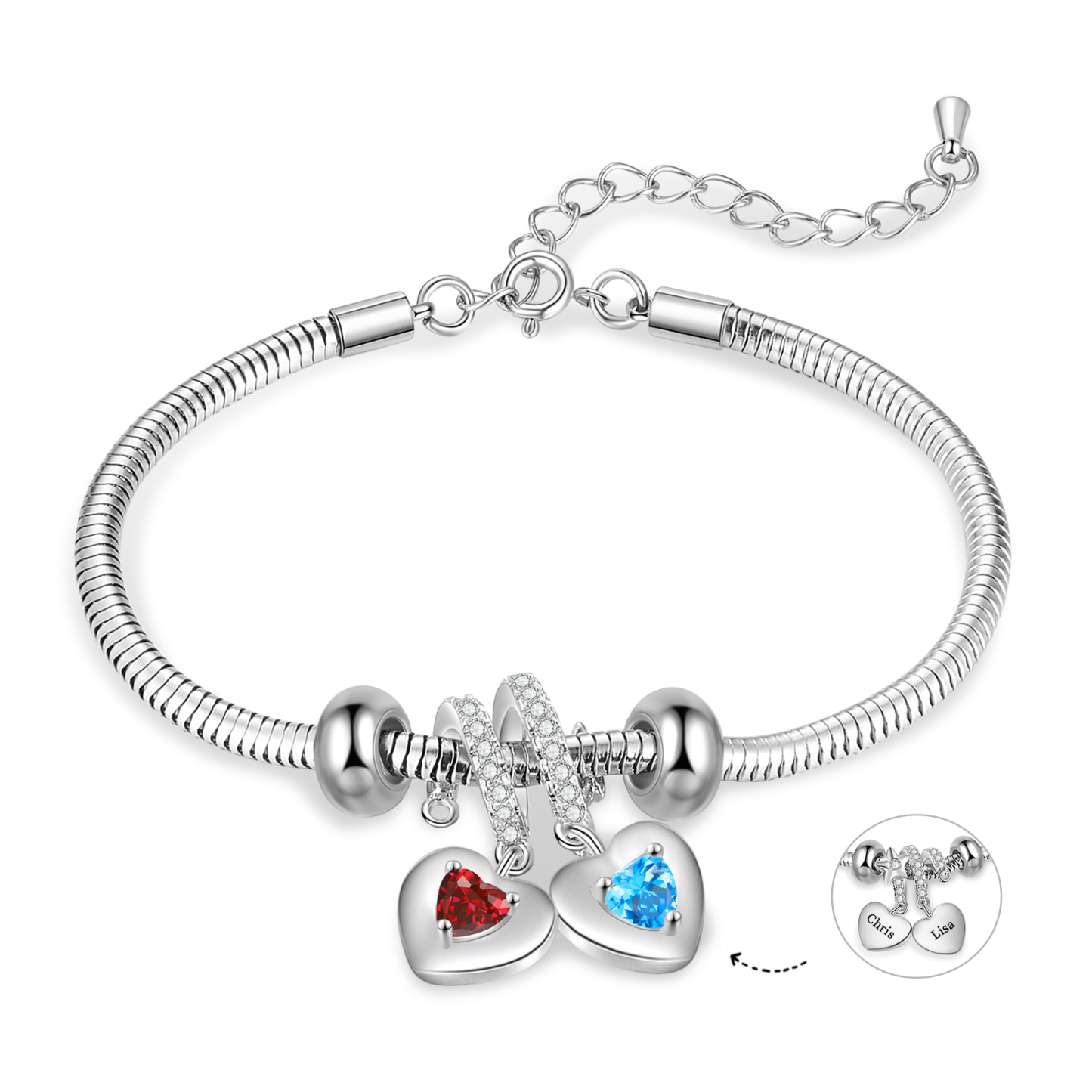 Pulsera ajustable con colgantes de corazón personalizados con 2 nombres y 2 piedras de nacimiento | Jessemade