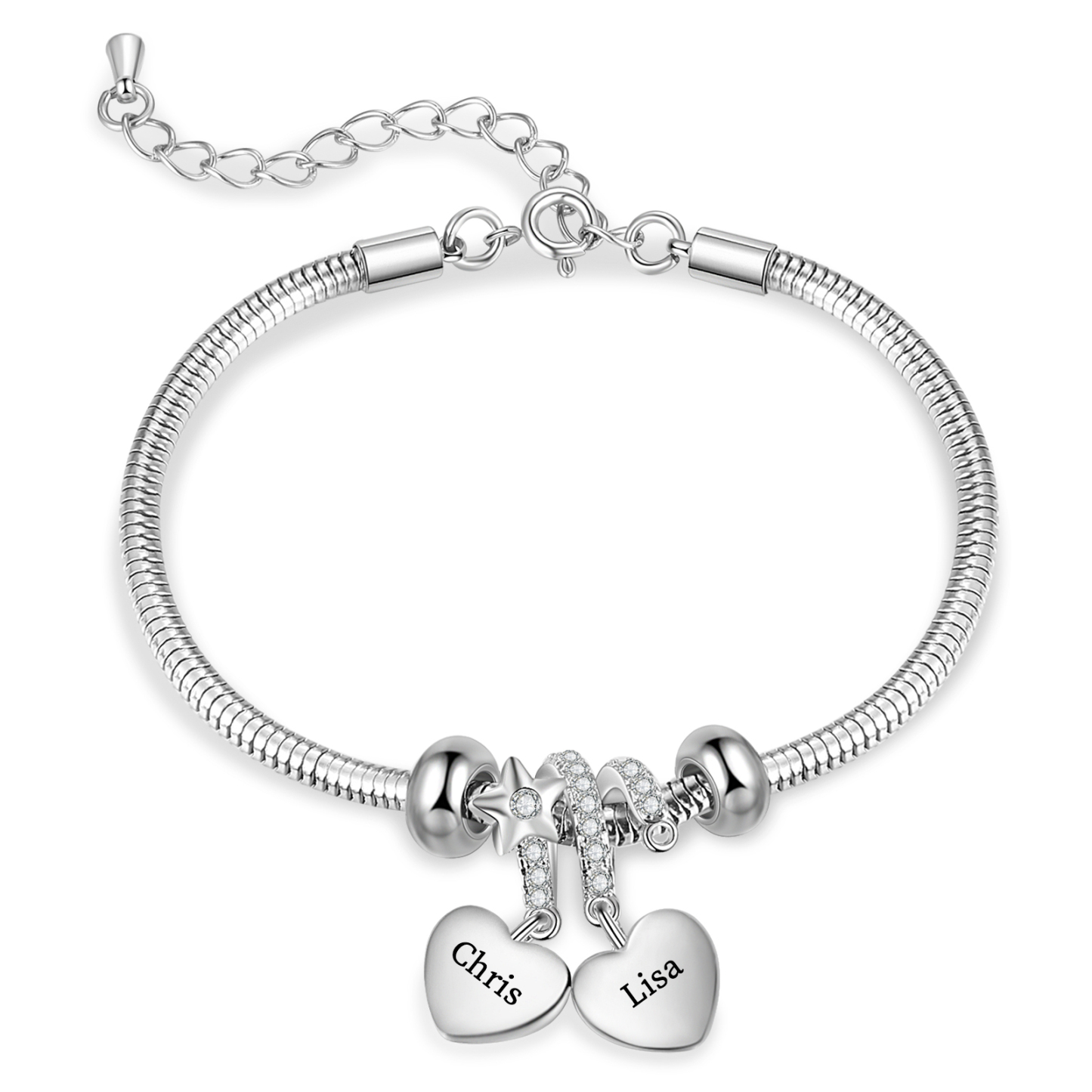 Pulsera ajustable con colgantes de corazón personalizados con 2 nombres y 2 piedras de nacimiento | Jessemade