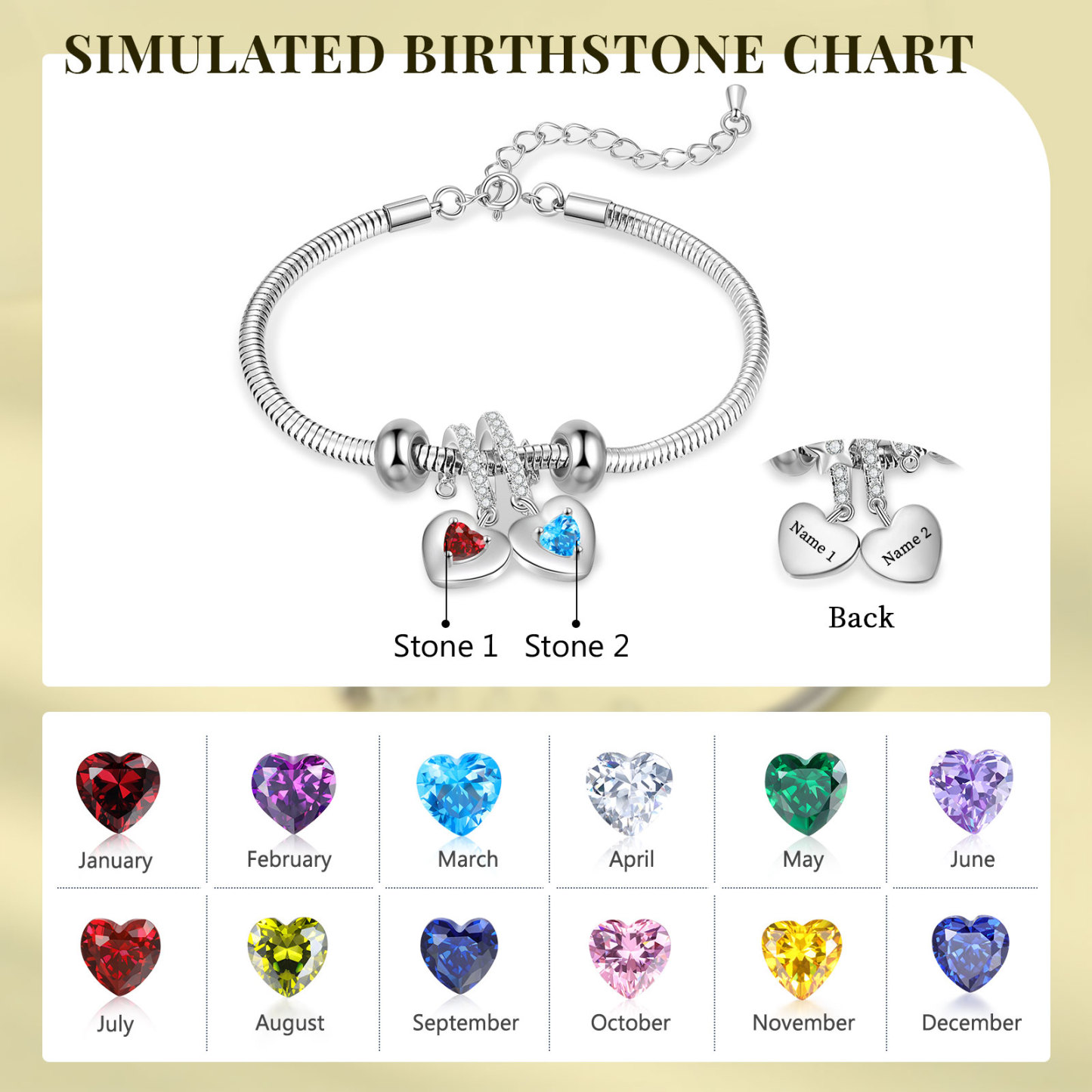 Pulsera ajustable con colgantes de corazón personalizados con 2 nombres y 2 piedras de nacimiento | Jessemade