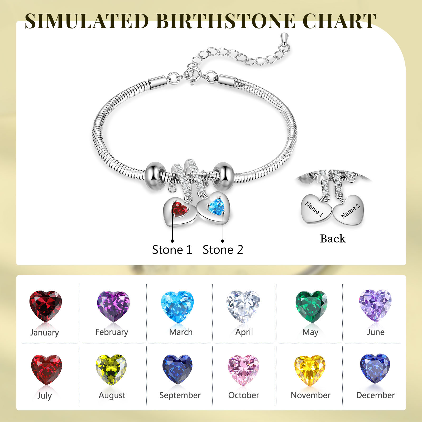 Pulsera ajustable con colgantes de corazón personalizados con 2 nombres y 2 piedras de nacimiento | Jessemade