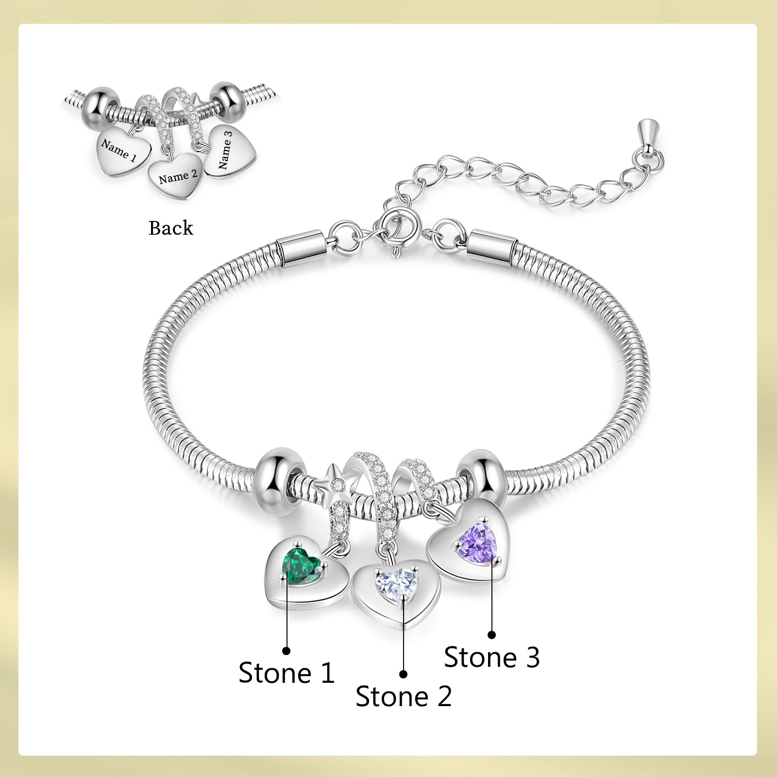 Pulsera ajustable con colgantes de corazón personalizados con 3 nombres y 3 piedras de nacimiento | Jessemade