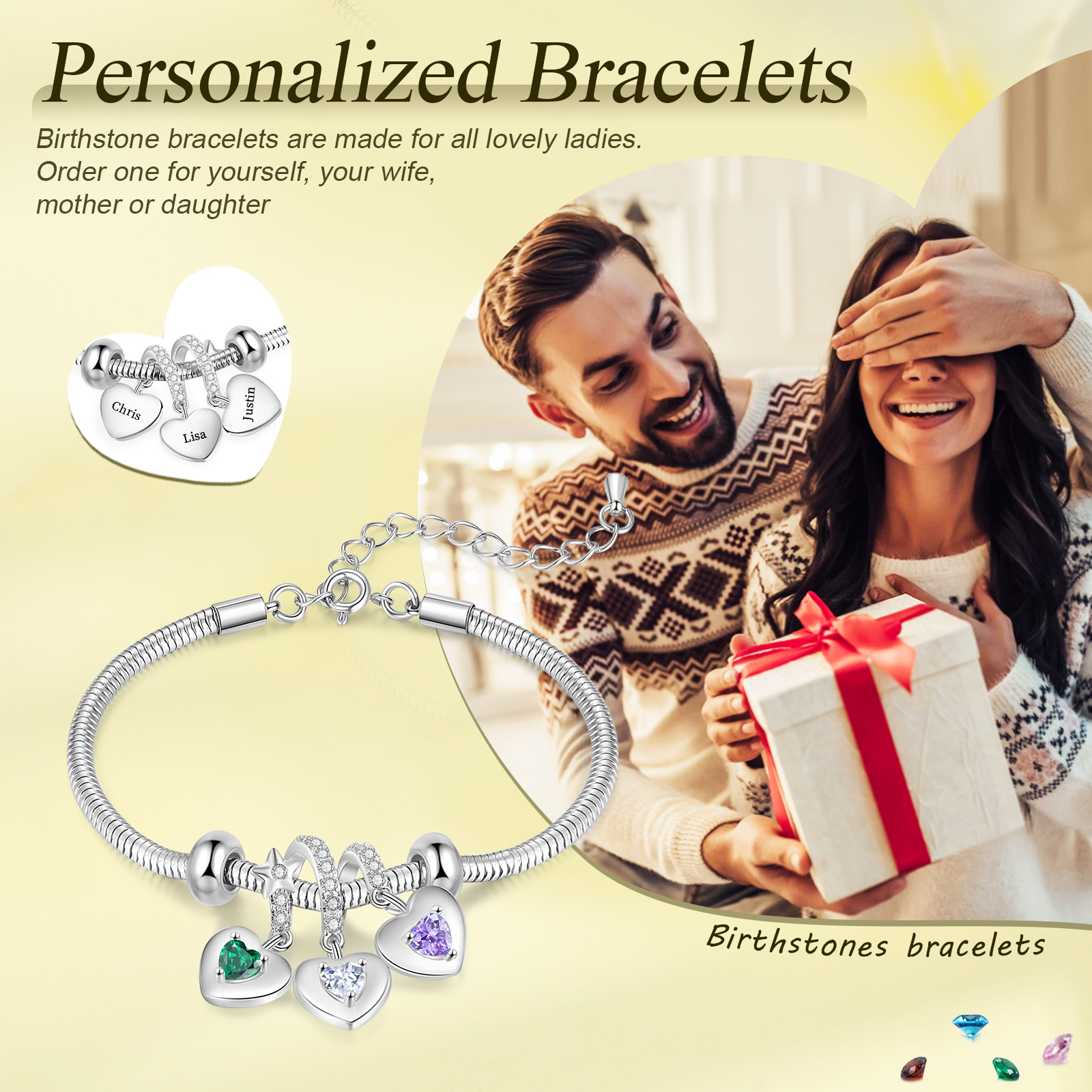 Pulsera ajustable con colgantes de corazón personalizados con 3 nombres y 3 piedras de nacimiento | Jessemade