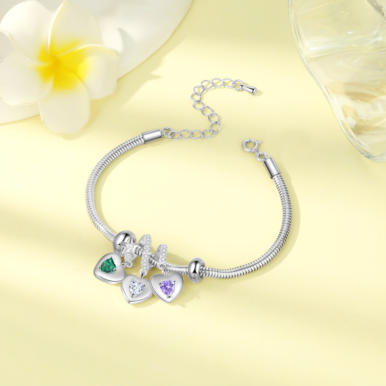 Pulsera Ajustable con Corazón, Nombres y Piedras de Nacimiento Personalizadas-Jessemade ES