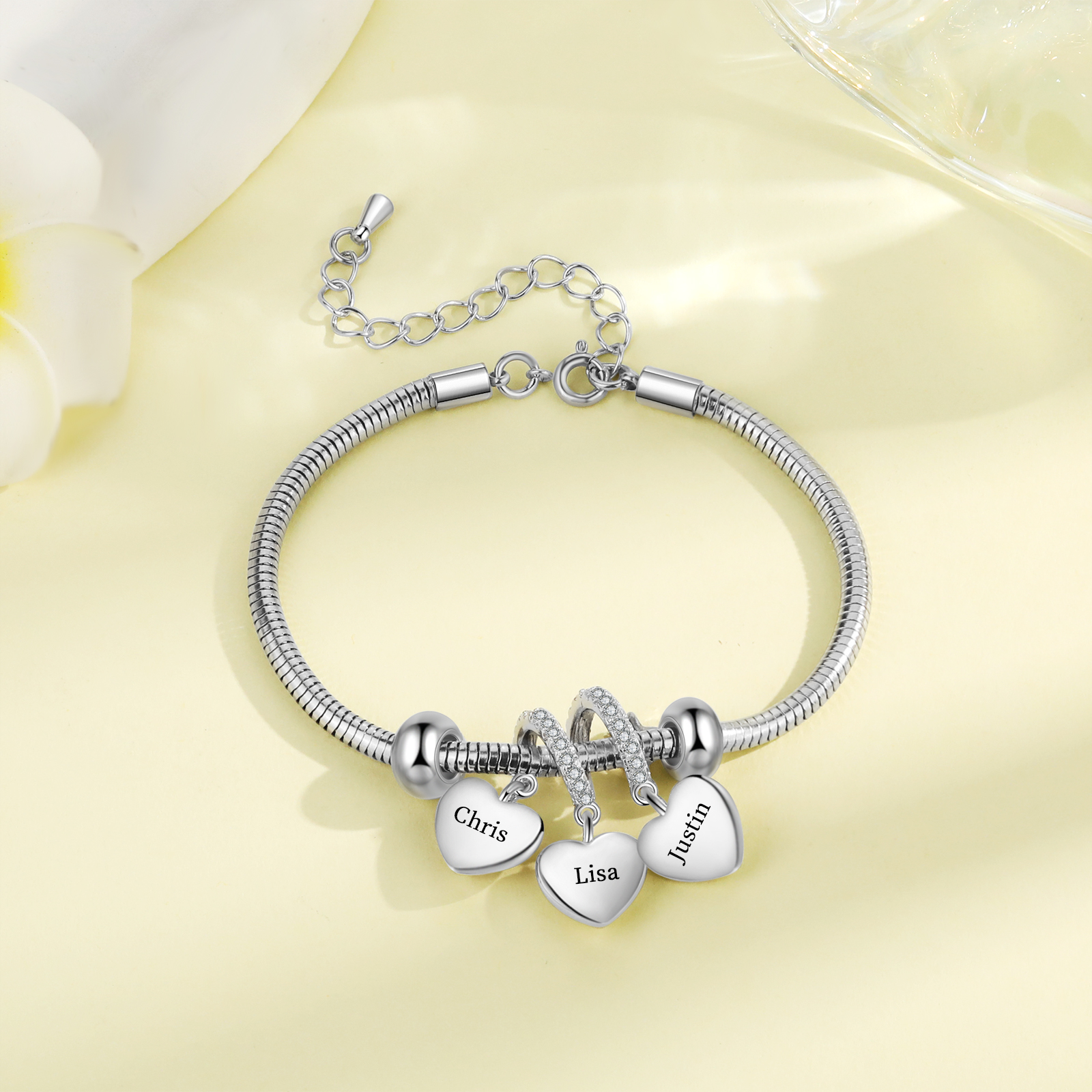 Pulsera ajustable con colgantes de corazón personalizados con 3 nombres y 3 piedras de nacimiento | Jessemade