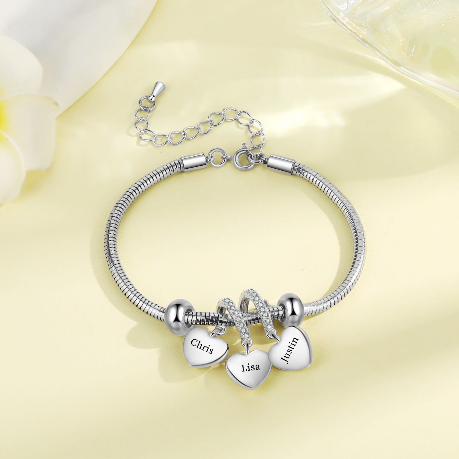 Pulsera ajustable con colgantes de corazón personalizados con 3 nombres y 3 piedras de nacimiento | Jessemade