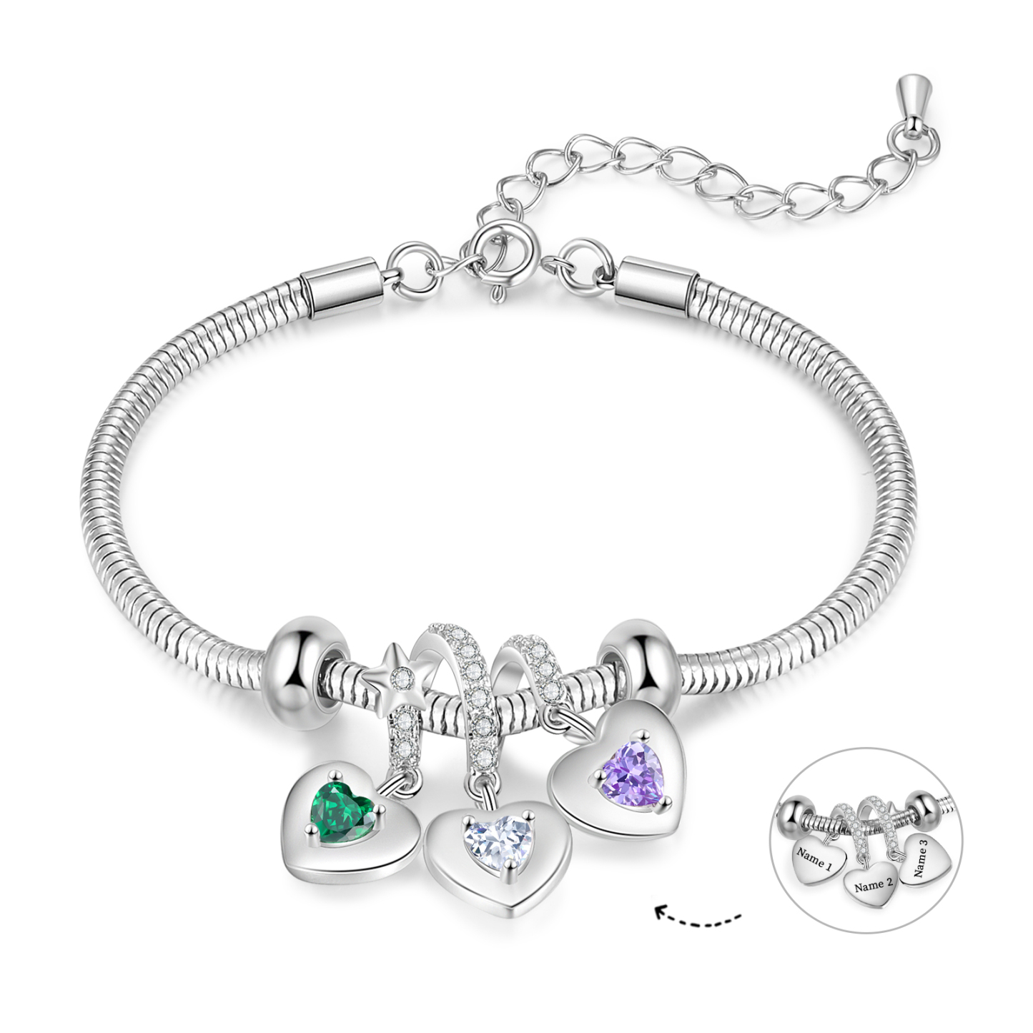 Pulsera ajustable con colgantes de corazón personalizados con 3 nombres y 3 piedras de nacimiento | Jessemade