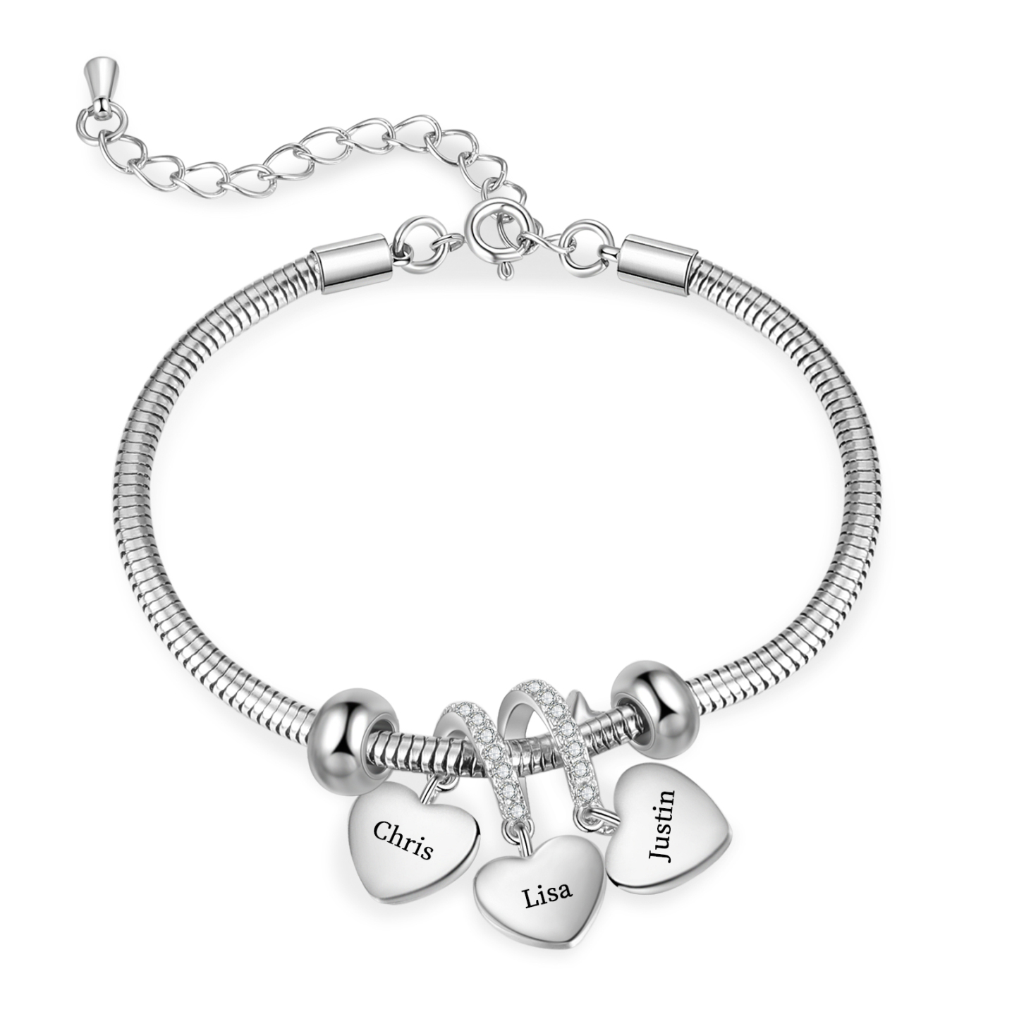 Pulsera ajustable con colgantes de corazón personalizados con 3 nombres y 3 piedras de nacimiento | Jessemade