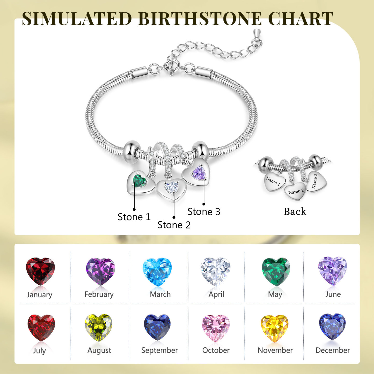 Pulsera ajustable con colgantes de corazón personalizados con 3 nombres y 3 piedras de nacimiento | Jessemade
