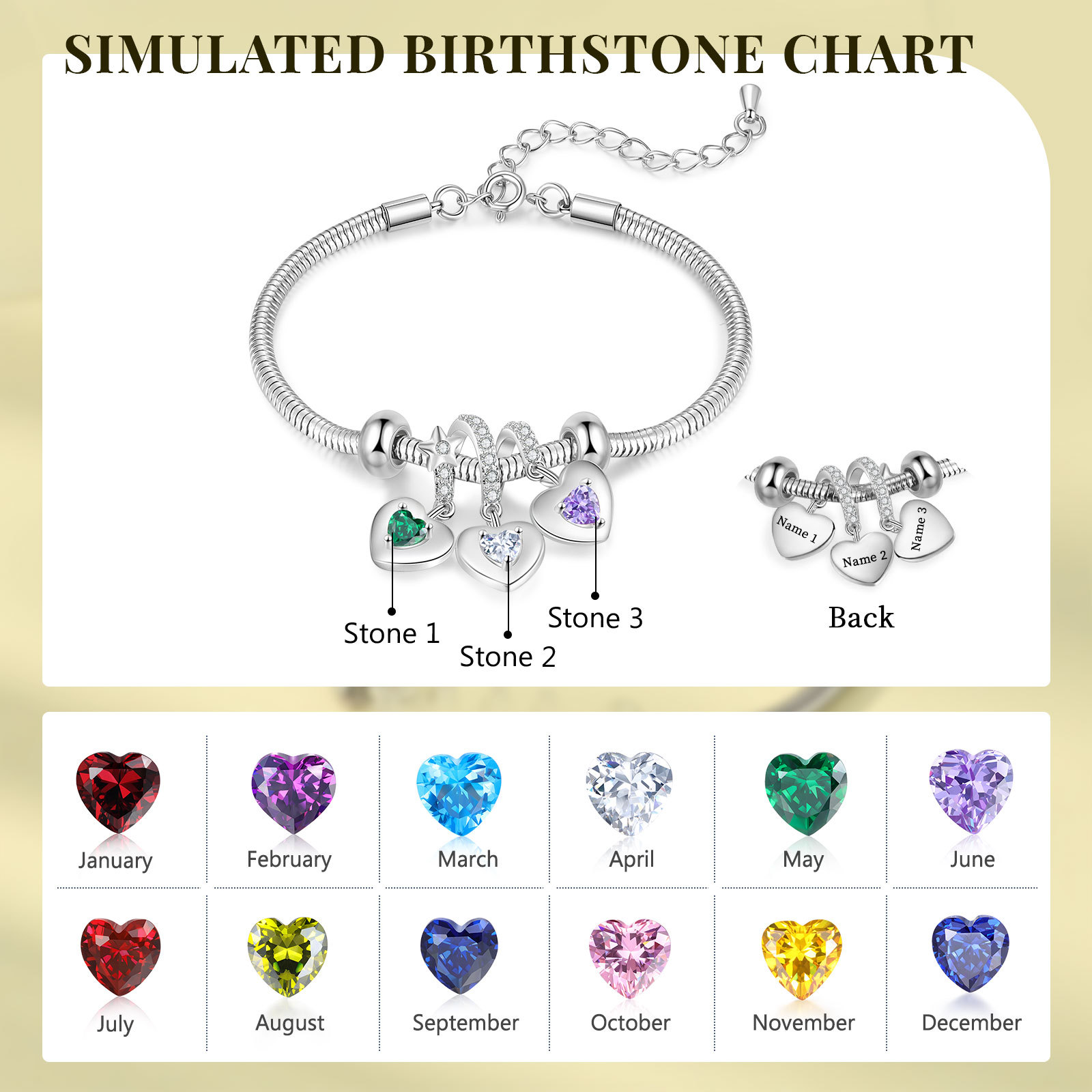Pulsera ajustable con colgantes de corazón personalizados con 3 nombres y 3 piedras de nacimiento | Jessemade