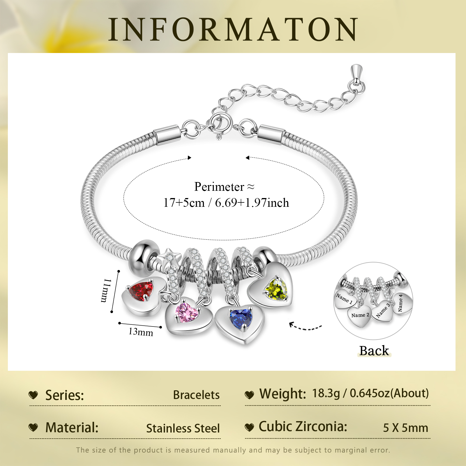 Pulsera ajustable con colgantes de corazón personalizados con 4 nombres y 4 piedras de nacimiento | Jessemade