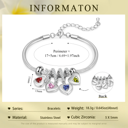 Pulsera ajustable con colgantes de corazón personalizados con 4 nombres y 4 piedras de nacimiento | Jessemade