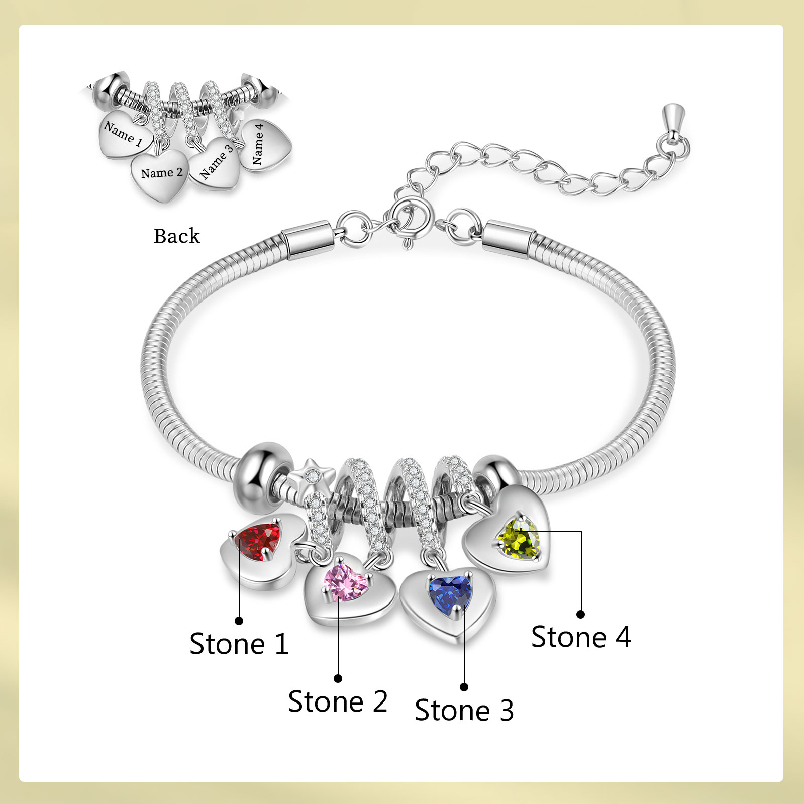 Pulsera ajustable con colgantes de corazón personalizados con 4 nombres y 4 piedras de nacimiento | Jessemade