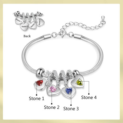 Pulsera ajustable con colgantes de corazón personalizados con 4 nombres y 4 piedras de nacimiento | Jessemade