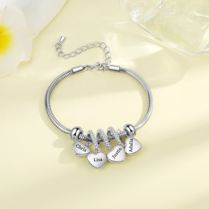 Pulsera ajustable con colgantes de corazón personalizados con 4 nombres y 4 piedras de nacimiento | Jessemade