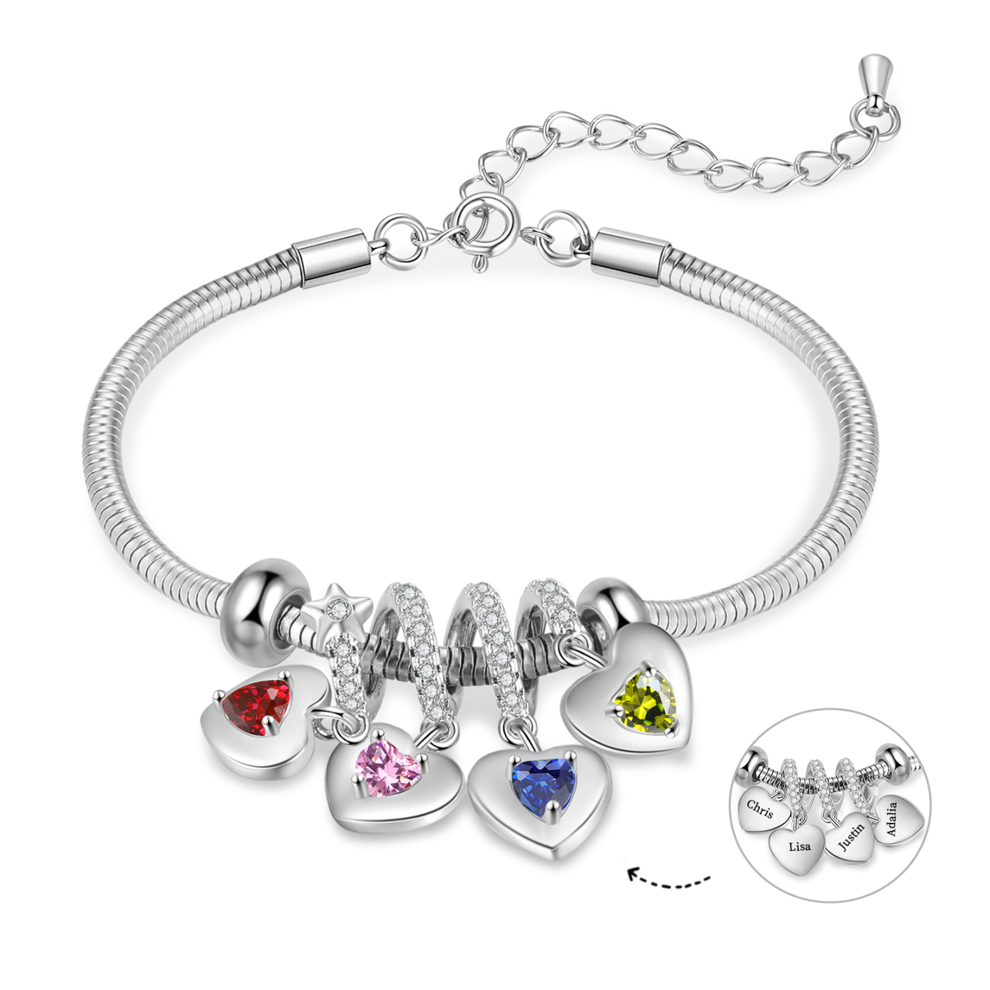 Pulsera ajustable con colgantes de corazón personalizados con 4 nombres y 4 piedras de nacimiento | Jessemade