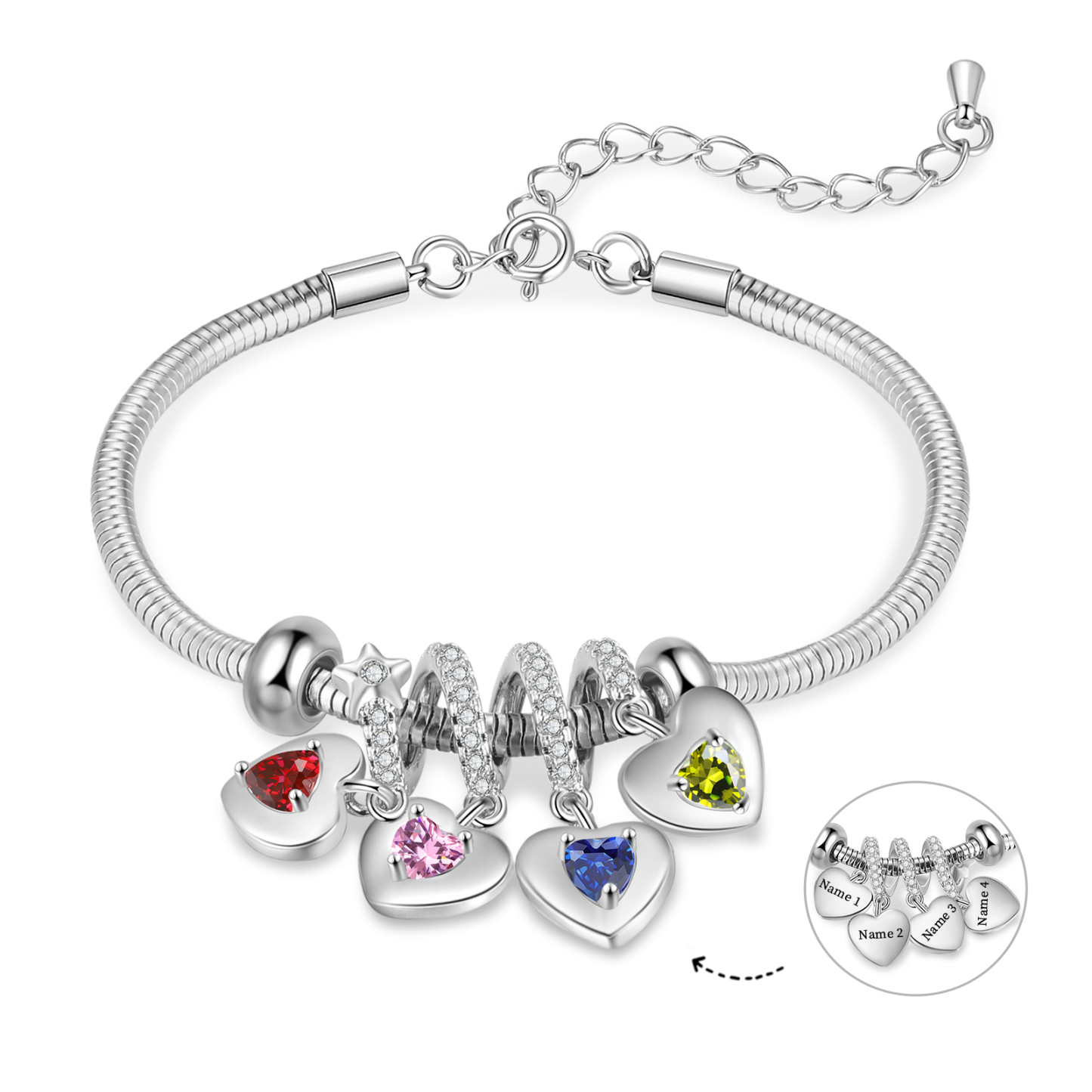 Pulsera ajustable con colgantes de corazón personalizados con 4 nombres y 4 piedras de nacimiento | Jessemade