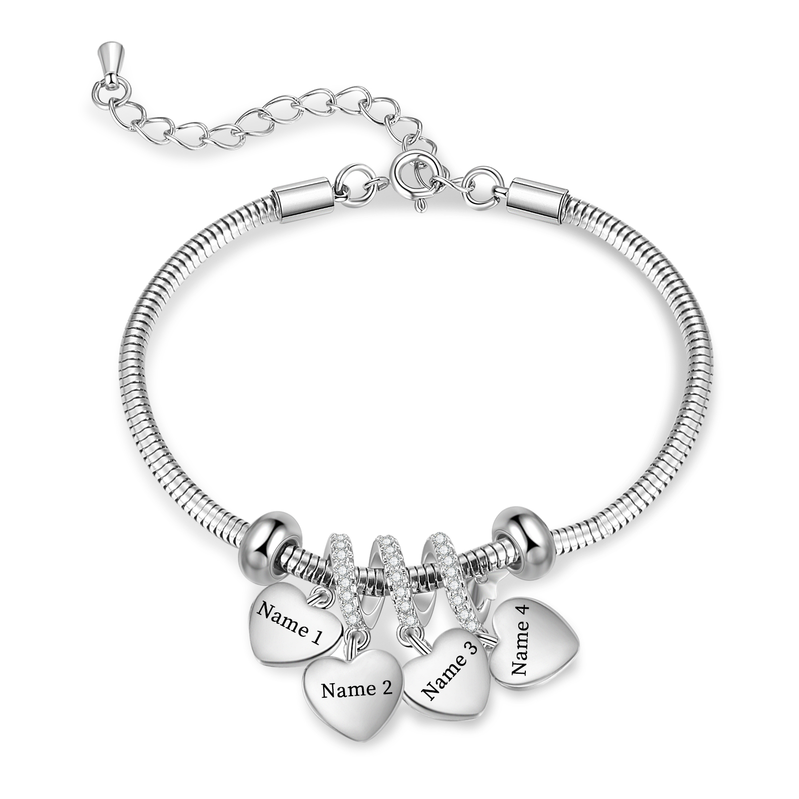 Pulsera ajustable con colgantes de corazón personalizados con 4 nombres y 4 piedras de nacimiento | Jessemade