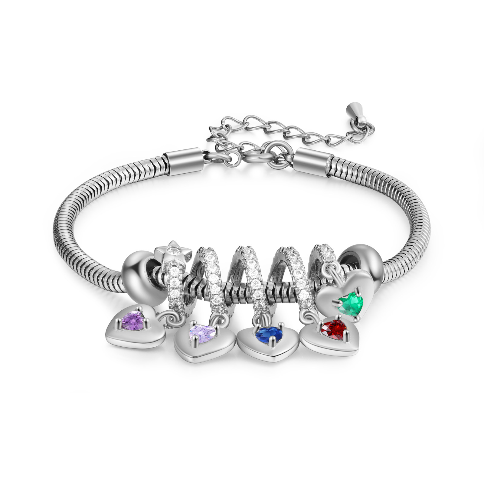 Pulsera para mujer ajustable con colgantes de corazón personalizados con 5 nombres y piedras de nacimiento | Jessemade