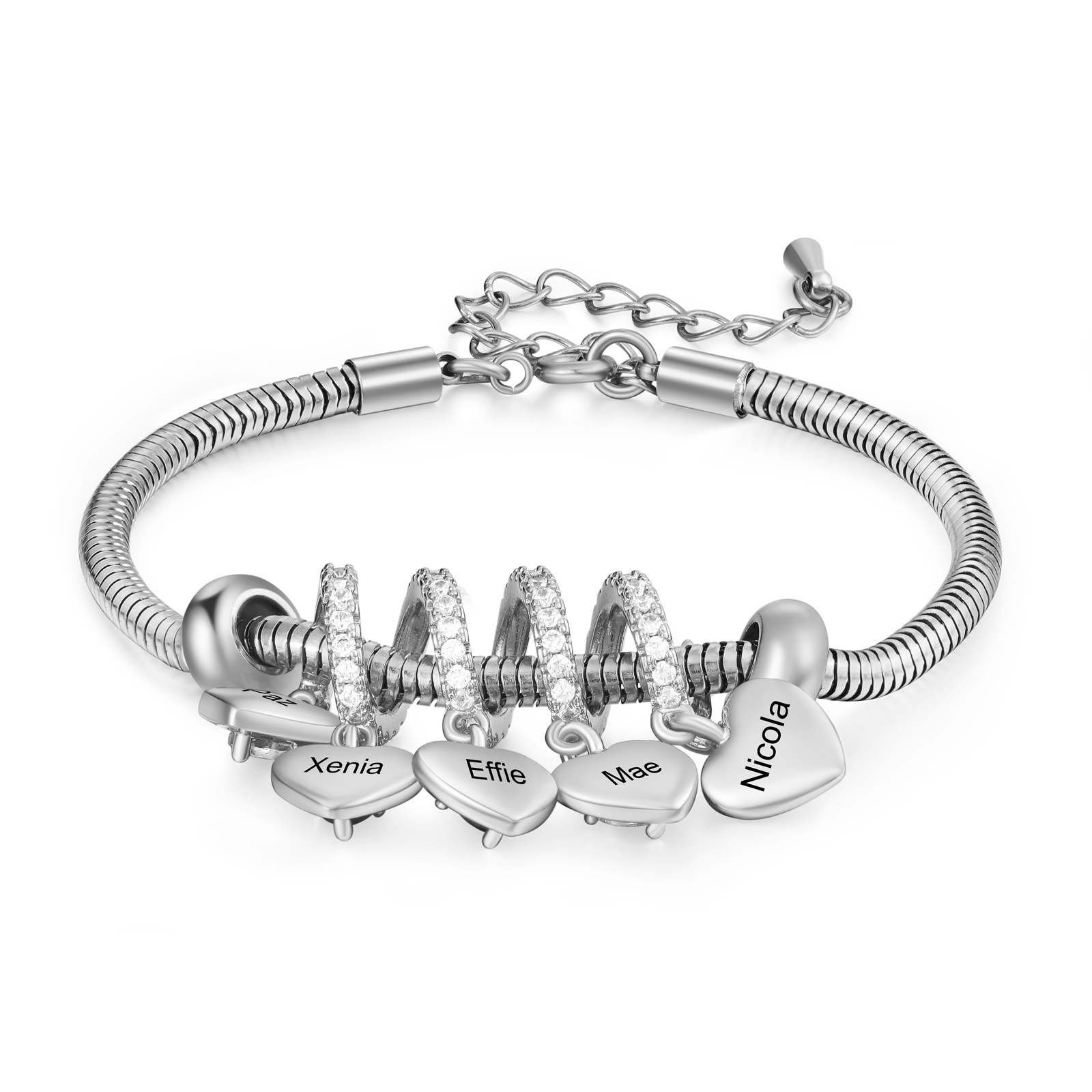Pulsera para mujer ajustable con colgantes de corazón personalizados con 5 nombres y piedras de nacimiento | Jessemade