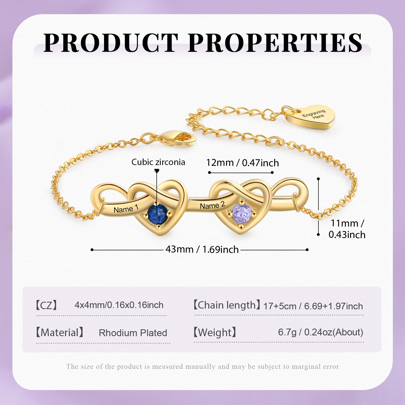 Pulsera de corazones entrelazados con 2-6 nombres y piedras personalizados color oro | Jessemade