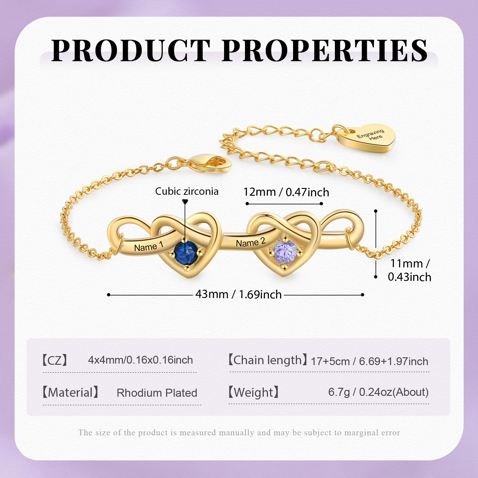 Pulsera de corazones entrelazados con 2-6 nombres y piedras personalizados color oro | Jessemade