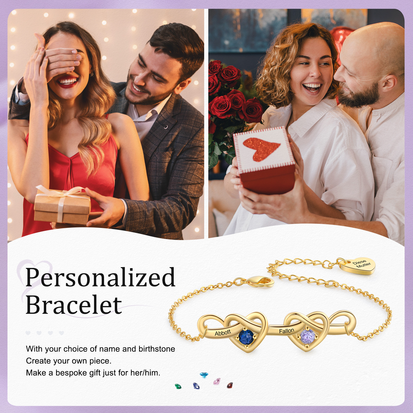Pulsera de corazones entrelazados con 2-6 nombres y piedras personalizados color oro | Jessemade