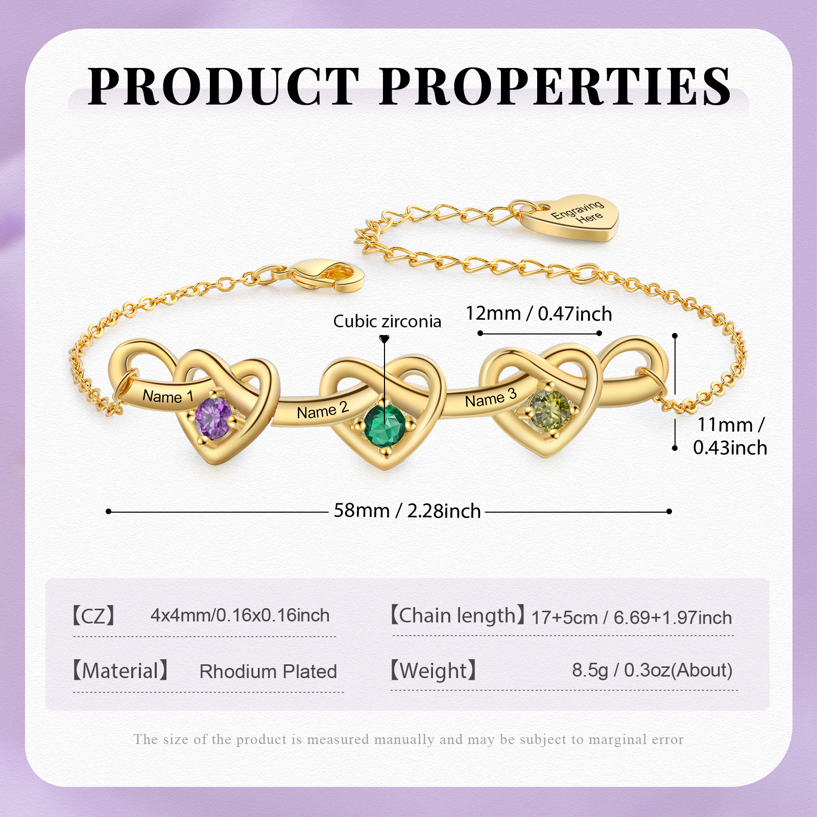 Pulsera de corazones entrelazados con 2-6 nombres y piedras personalizados color oro | Jessemade