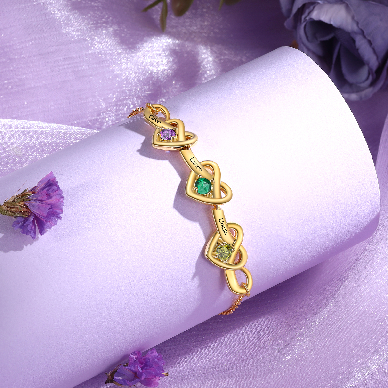 Pulsera de corazones entrelazados con 2-6 nombres y piedras personalizados color oro | Jessemade
