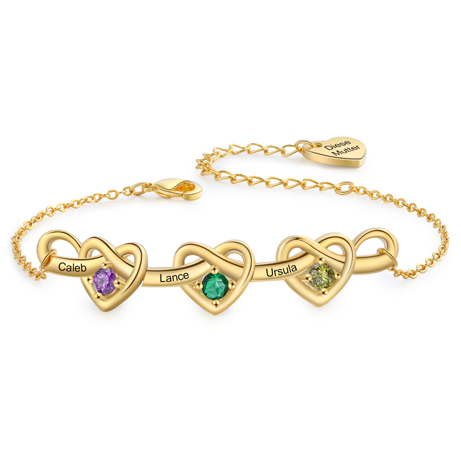 Pulsera de corazones entrelazados con 2-6 nombres y piedras personalizados color oro | Jessemade