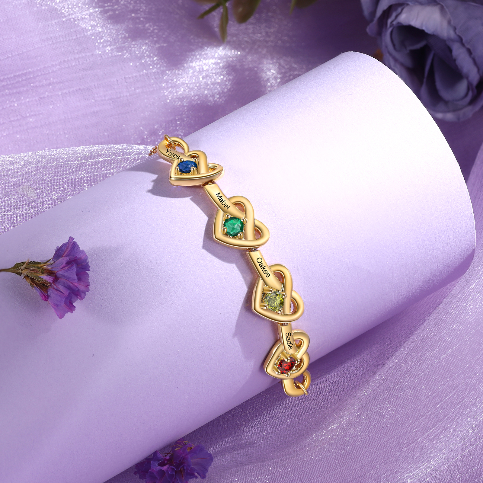 Pulsera de corazones entrelazados con 2-6 nombres y piedras personalizados color oro | Jessemade