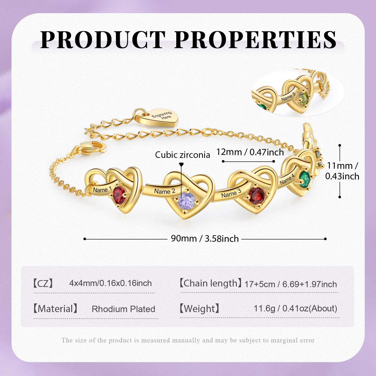 Pulsera de corazones entrelazados con 2-6 nombres y piedras personalizados color oro | Jessemade