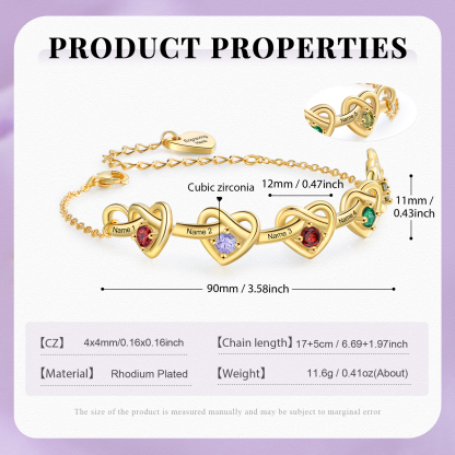 Pulsera de corazones entrelazados con 2-6 nombres y piedras personalizados color oro | Jessemade