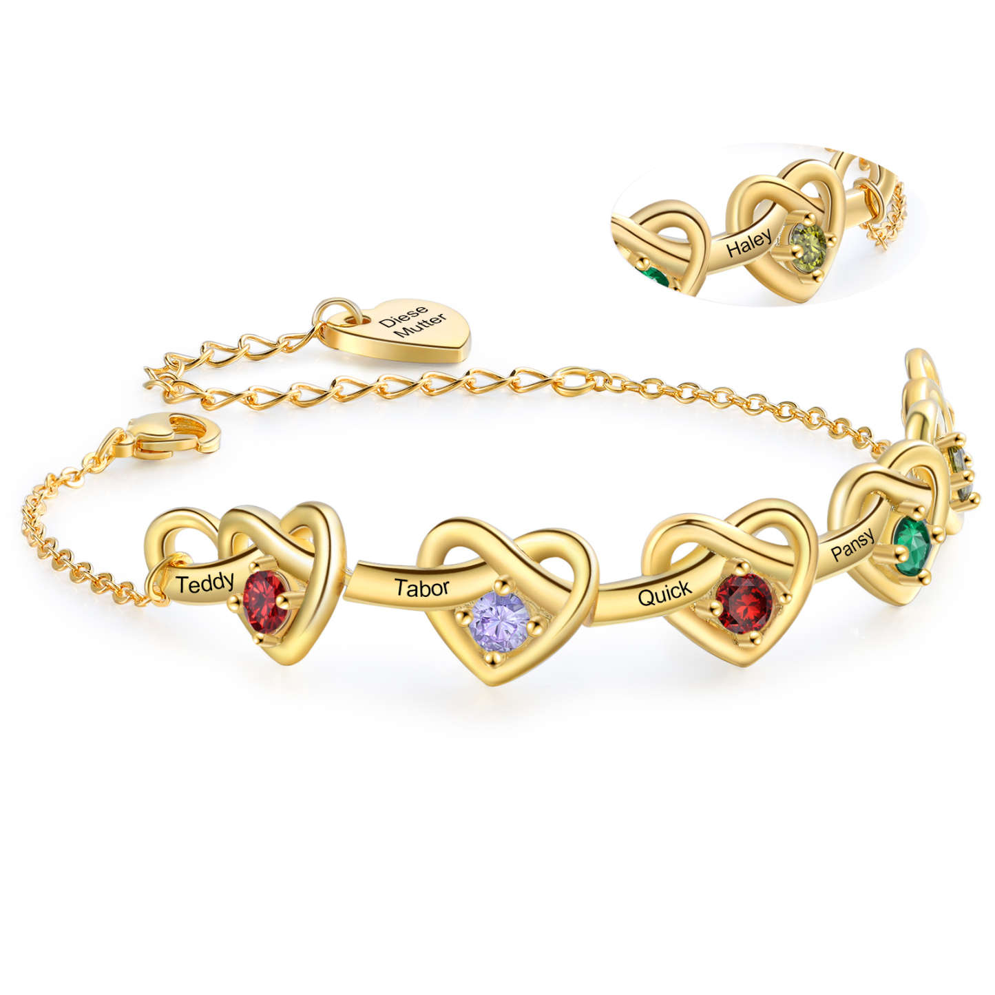 Pulsera de corazones entrelazados con 2-6 nombres y piedras personalizados color oro | Jessemade