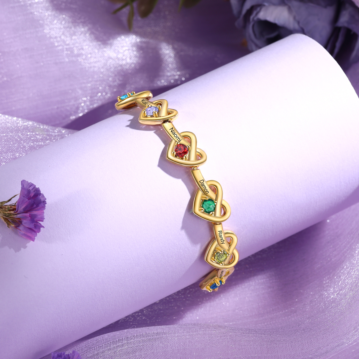 Pulsera de corazones entrelazados con 2-6 nombres y piedras personalizados color oro | Jessemade
